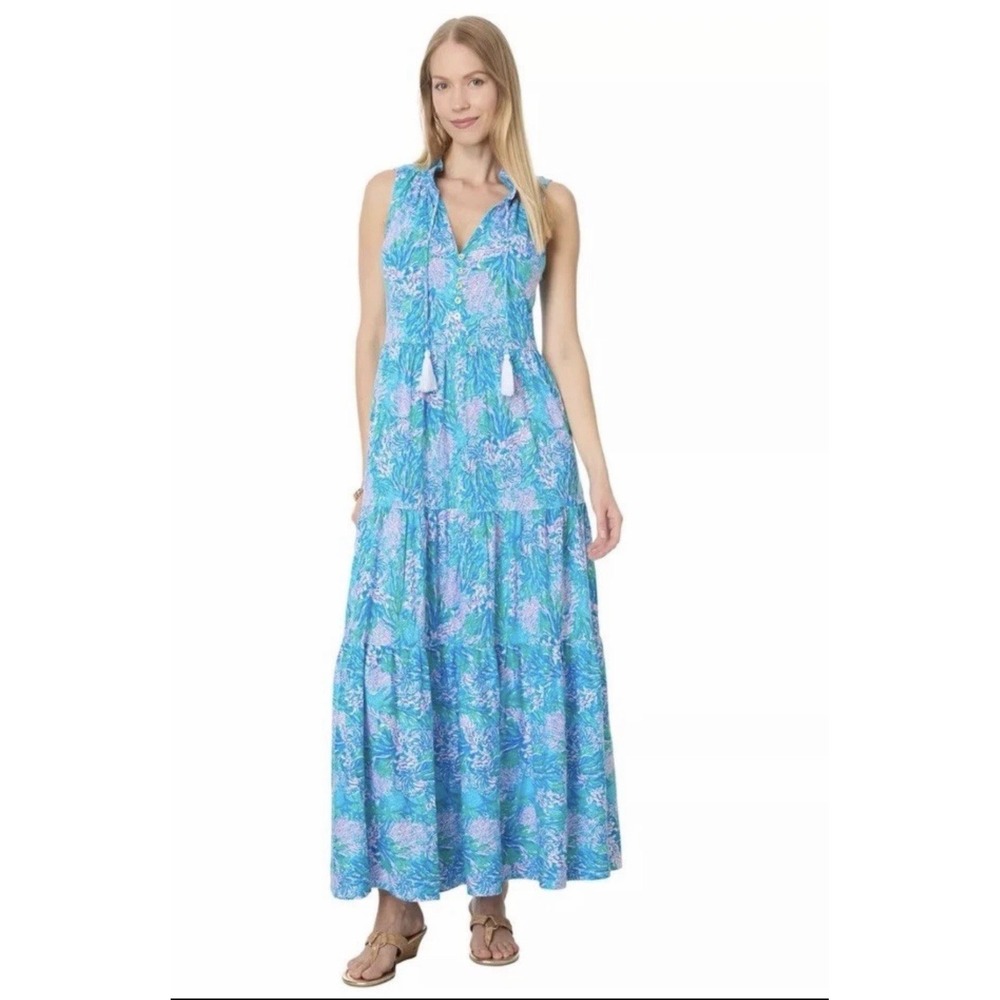 Lilly Pulitzer Las Olas Aqua Maxi Dress Women M Blue Green Layered Relaxed Beach